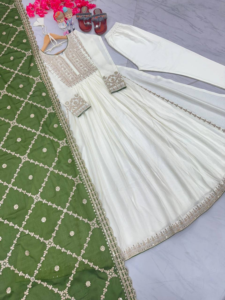 White Premium Designer Fancy Anarkali Gown Set Clothsvilla