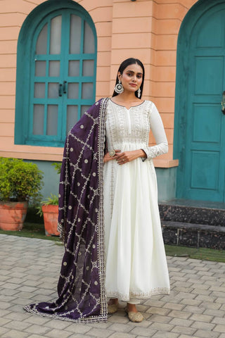 White Premium Designer Fancy Anarkali Gown Set Clothsvilla