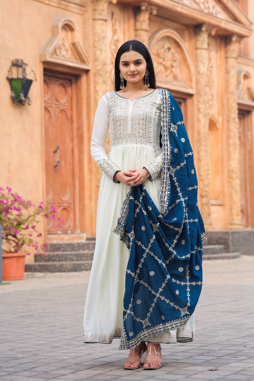 White Premium Designer Fancy Anarkali Gown Set Clothsvilla