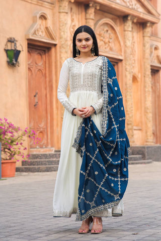 White Premium Designer Fancy Anarkali Gown Set Clothsvilla
