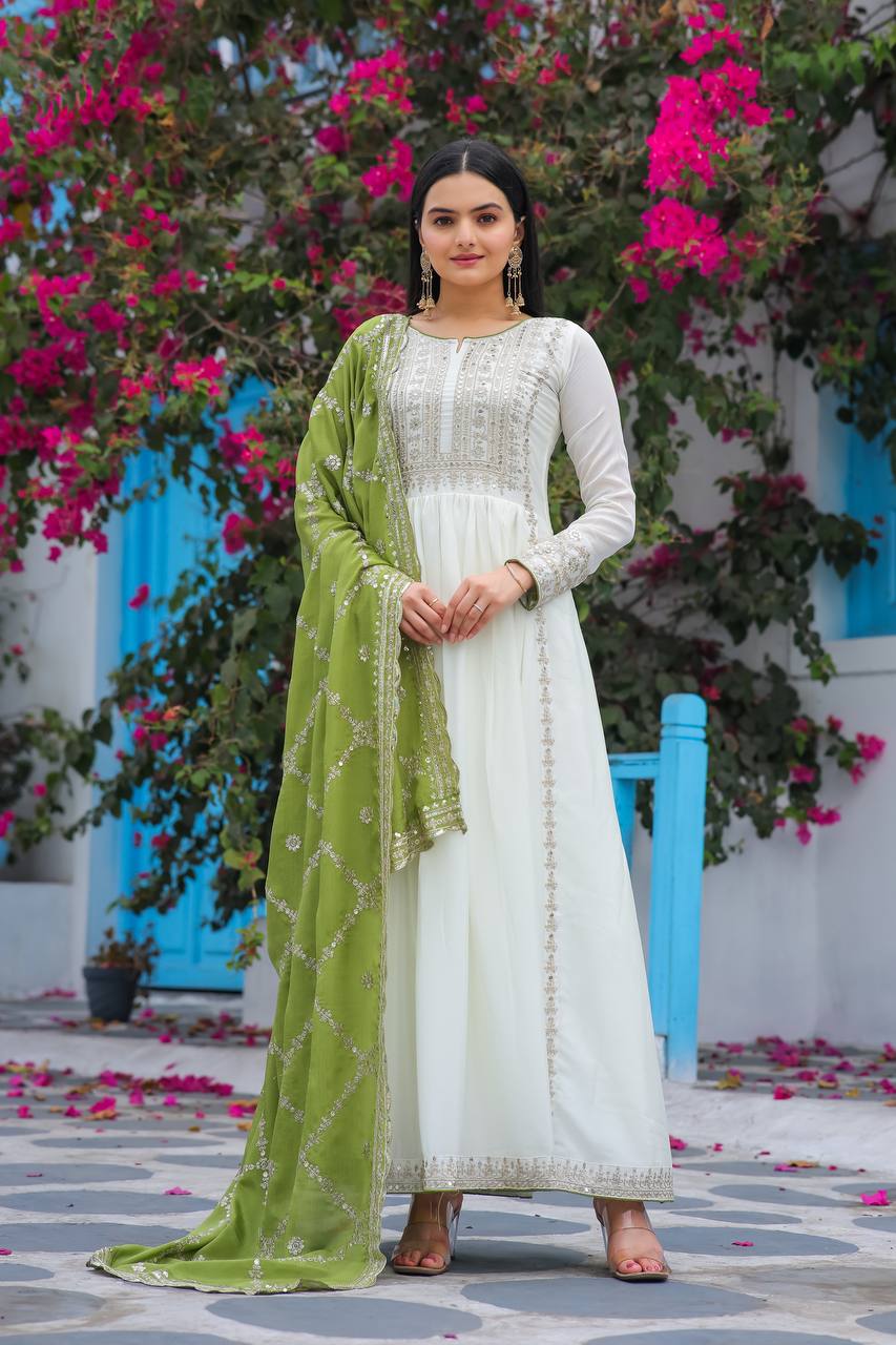 White Premium Designer Fancy Anarkali Gown Set Clothsvilla