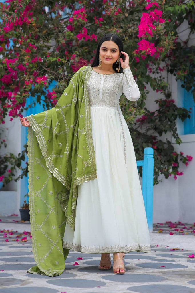 White Premium Designer Fancy Anarkali Gown Set Clothsvilla