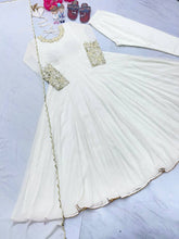 Load image into Gallery viewer, White Premium Designer Party Wear Anarkali Gown, Dupatta &amp; Bottom Set Clothsvilla