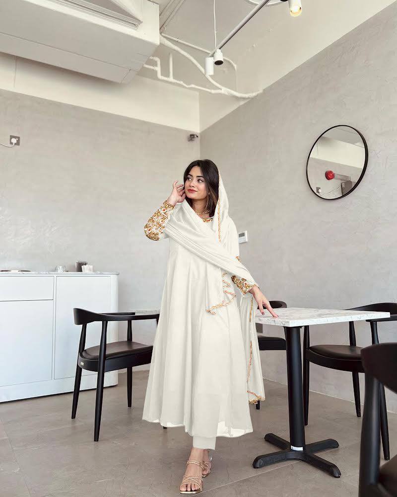 White Premium Designer Party Wear Anarkali Gown, Dupatta & Bottom Set Clothsvilla Main image