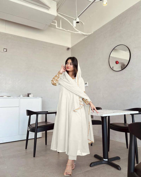 White Premium Designer Party Wear Anarkali Gown, Dupatta & Bottom Set Clothsvilla Main image