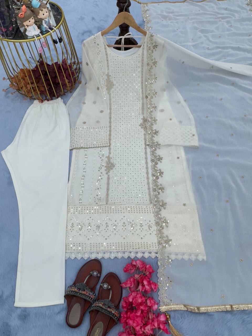 White Premium Designer Party Wear Faux Georgette Top, Bottom & Dupatta Set Clothsvilla Main image