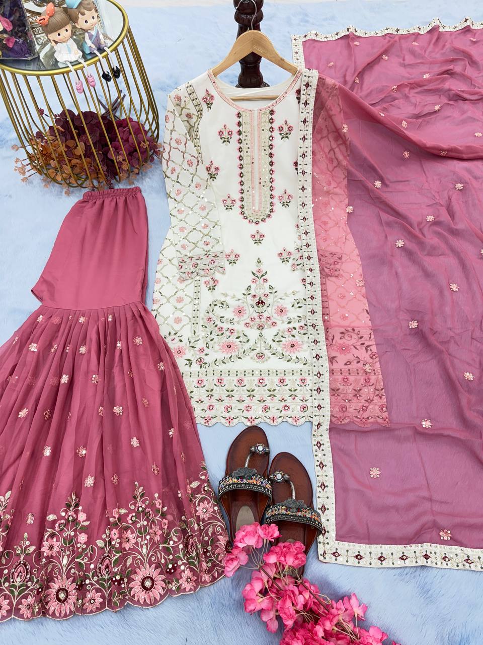 White Premium Designer Party Wear Georgette Top, With Pink Sarara & Dupatta Set ClothsVilla Main image