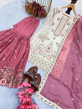 Load image into Gallery viewer, White Premium Designer Party Wear Georgette Top, With Pink Sarara &amp; Dupatta Set ClothsVilla