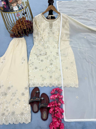 White Premium Designer Ready-Made Party Wear Top, Plazzo & Dupatta Set ClothsVilla