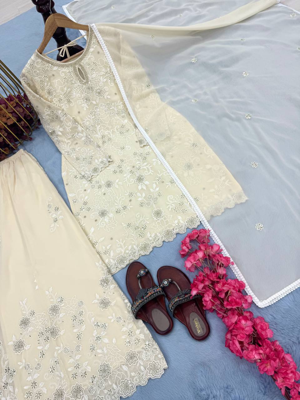 White Premium Designer Ready-Made Party Wear Top, Plazzo & Dupatta Set ClothsVilla