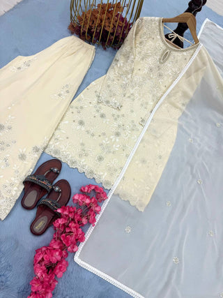 White Premium Designer Ready-Made Party Wear Top, Plazzo & Dupatta Set ClothsVilla