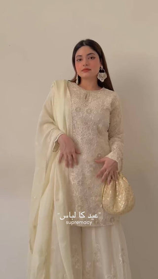 White Premium Designer Ready-Made Party Wear Top, Plazzo & Dupatta Set ClothsVilla