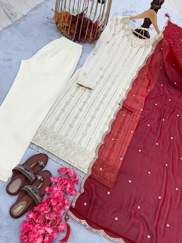 White Premium Designer Ready-Made Top, Palazzo, and Dupatta Clothsvilla