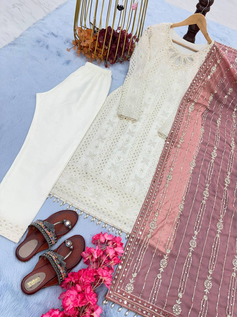 White Premium Designer Ready-to-Wear Top, Bottom, and Dupatta Set ClothsVilla