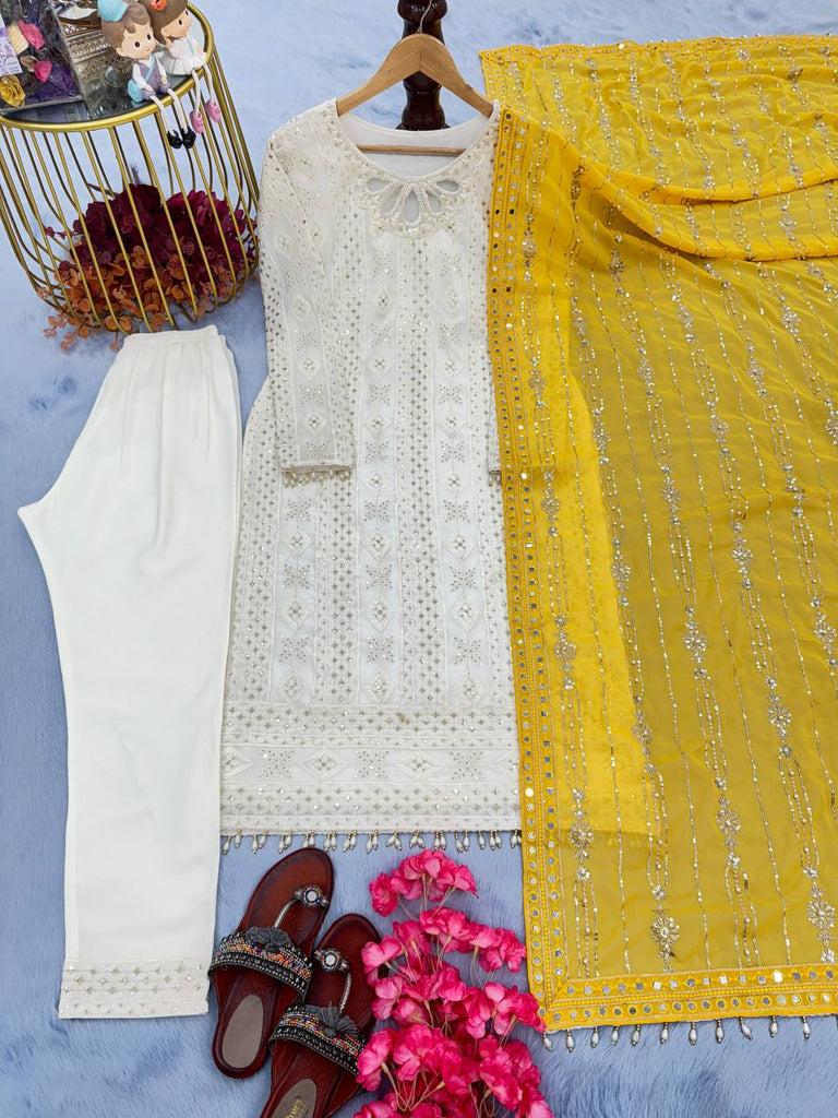 White Premium Designer Ready-to-Wear Top, Bottom, and Dupatta Set ClothsVilla