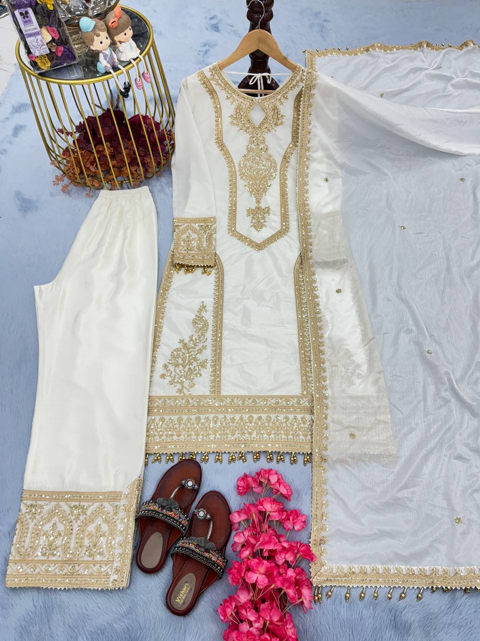 White Premium Designer Readymade Chinon Silk Top, Plazzo & Dupatta Set – Party Wear Elegance Clothsvilla Main image