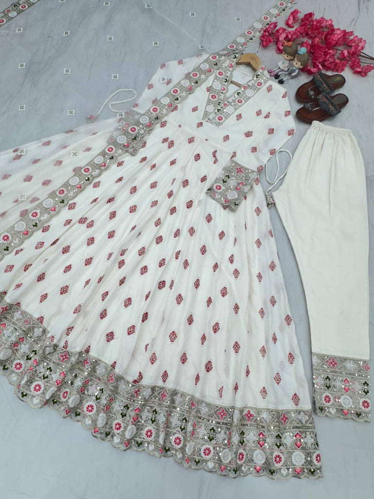 White Premium Designer Readymade Fancy Anarkali Gown with Dupatta ClothsVilla