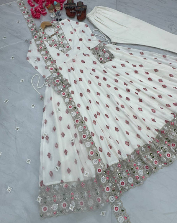 White Premium Designer Readymade Fancy Anarkali Gown with Dupatta ClothsVilla