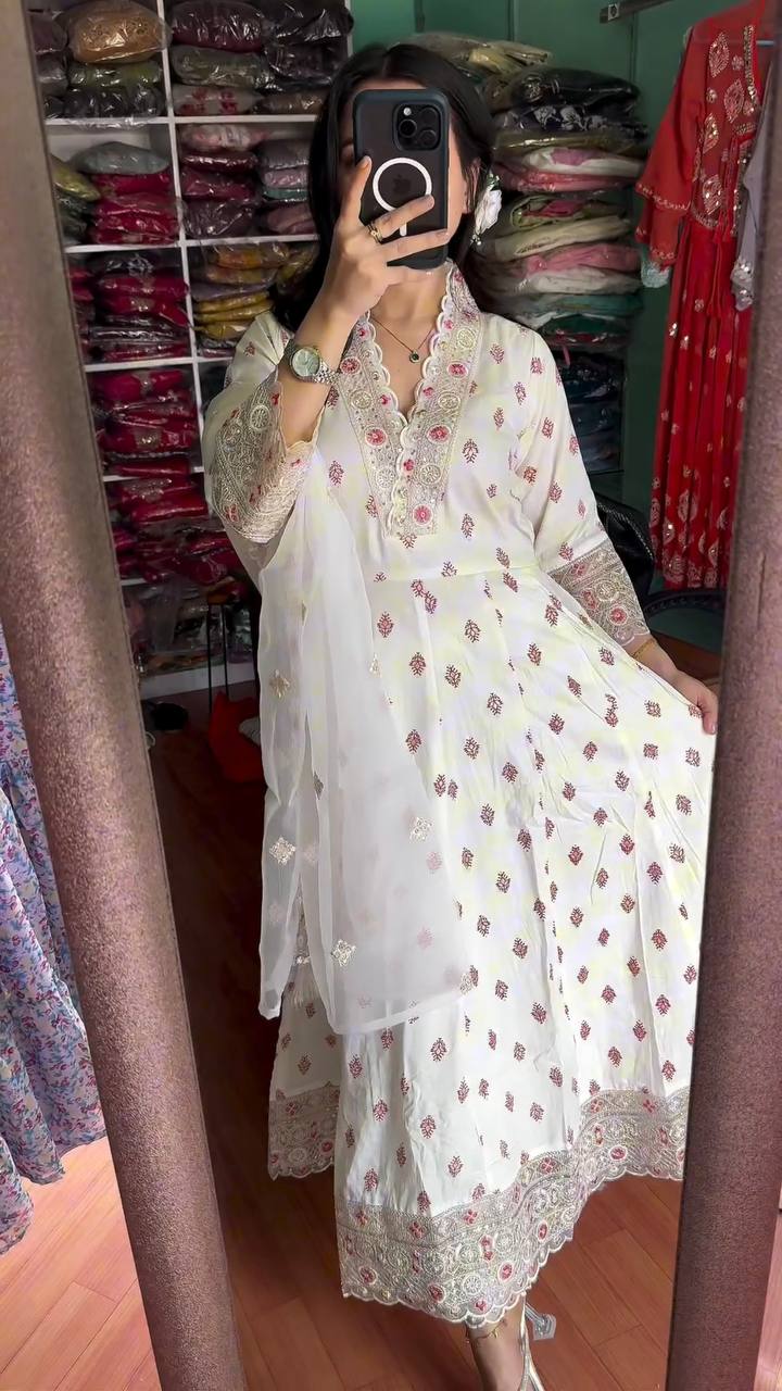 White Premium Designer Readymade Fancy Anarkali Gown with Du