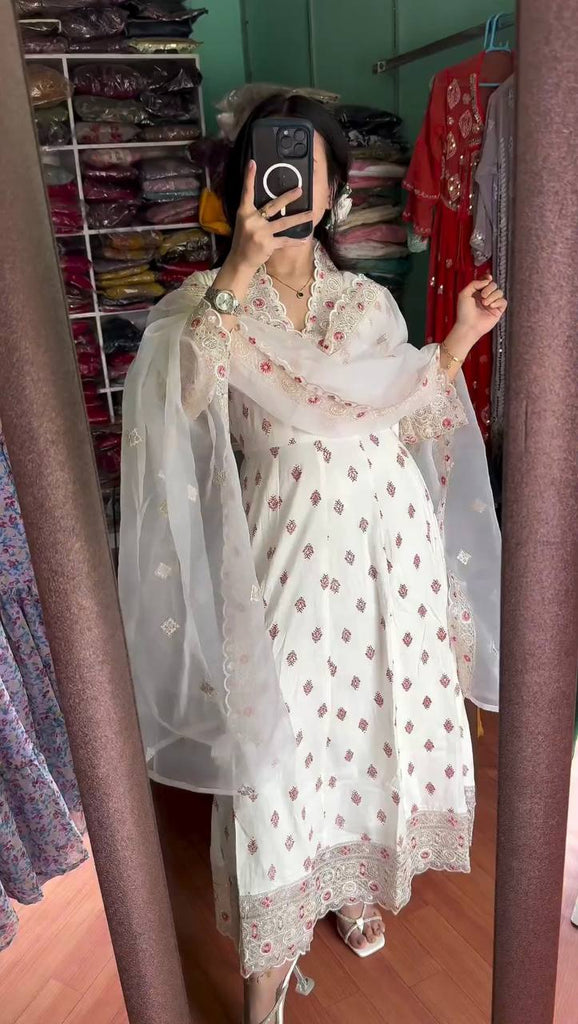 White Premium Designer Readymade Fancy Anarkali Gown with Dupatta ClothsVilla