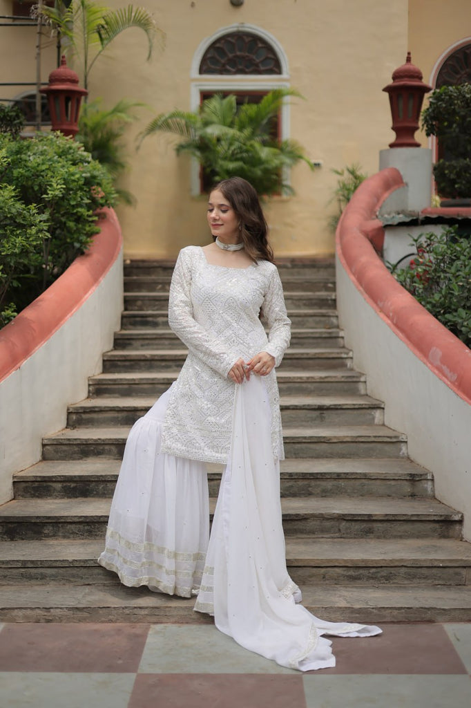 White Premium Designer Readymade Sharara Suit with Dupatta - Elegant & Stylish Clothsvilla