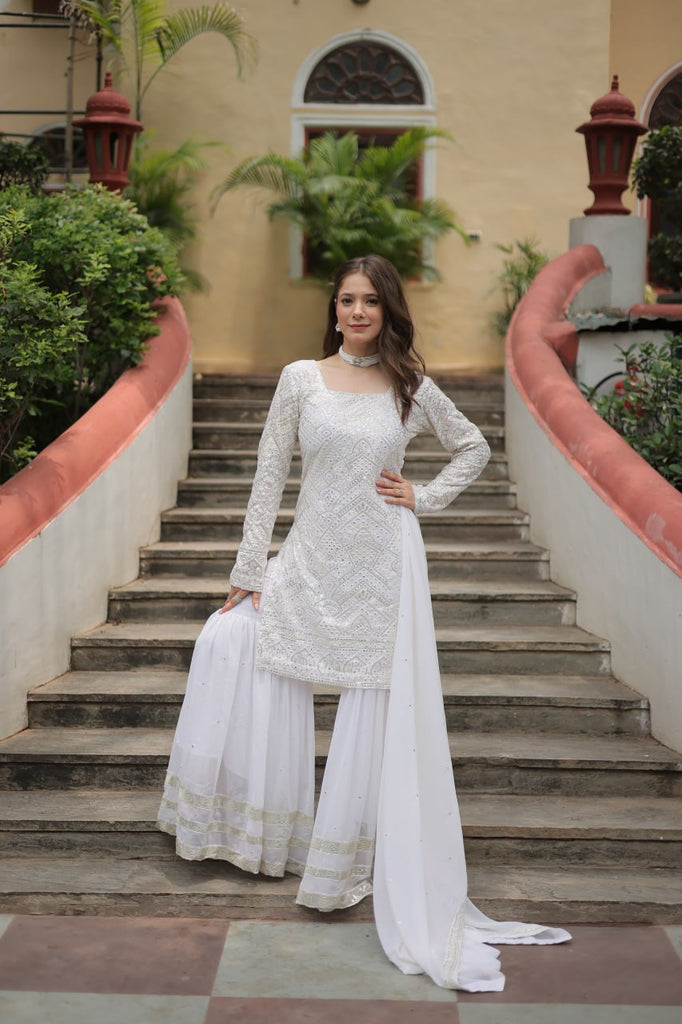 White Premium Designer Readymade Sharara Suit with Dupatta - Elegant & Stylish Clothsvilla