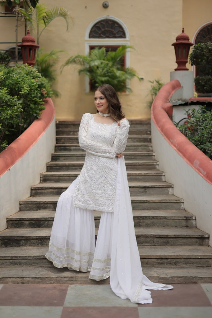 White Premium Designer Readymade Sharara Suit with Dupatta - Elegant & Stylish Clothsvilla