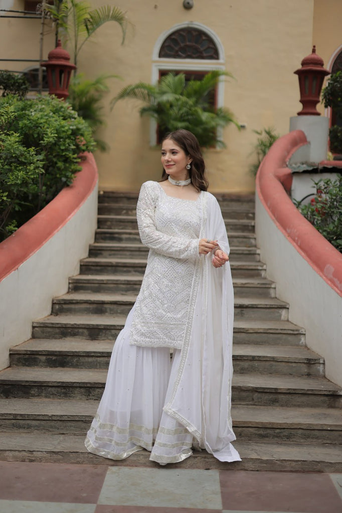 White Premium Designer Readymade Sharara Suit with Dupatta - Elegant & Stylish Clothsvilla