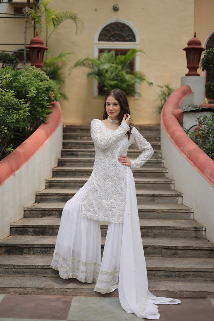 White Premium Designer Readymade Sharara Suit with Dupatta - Elegant & Stylish Clothsvilla