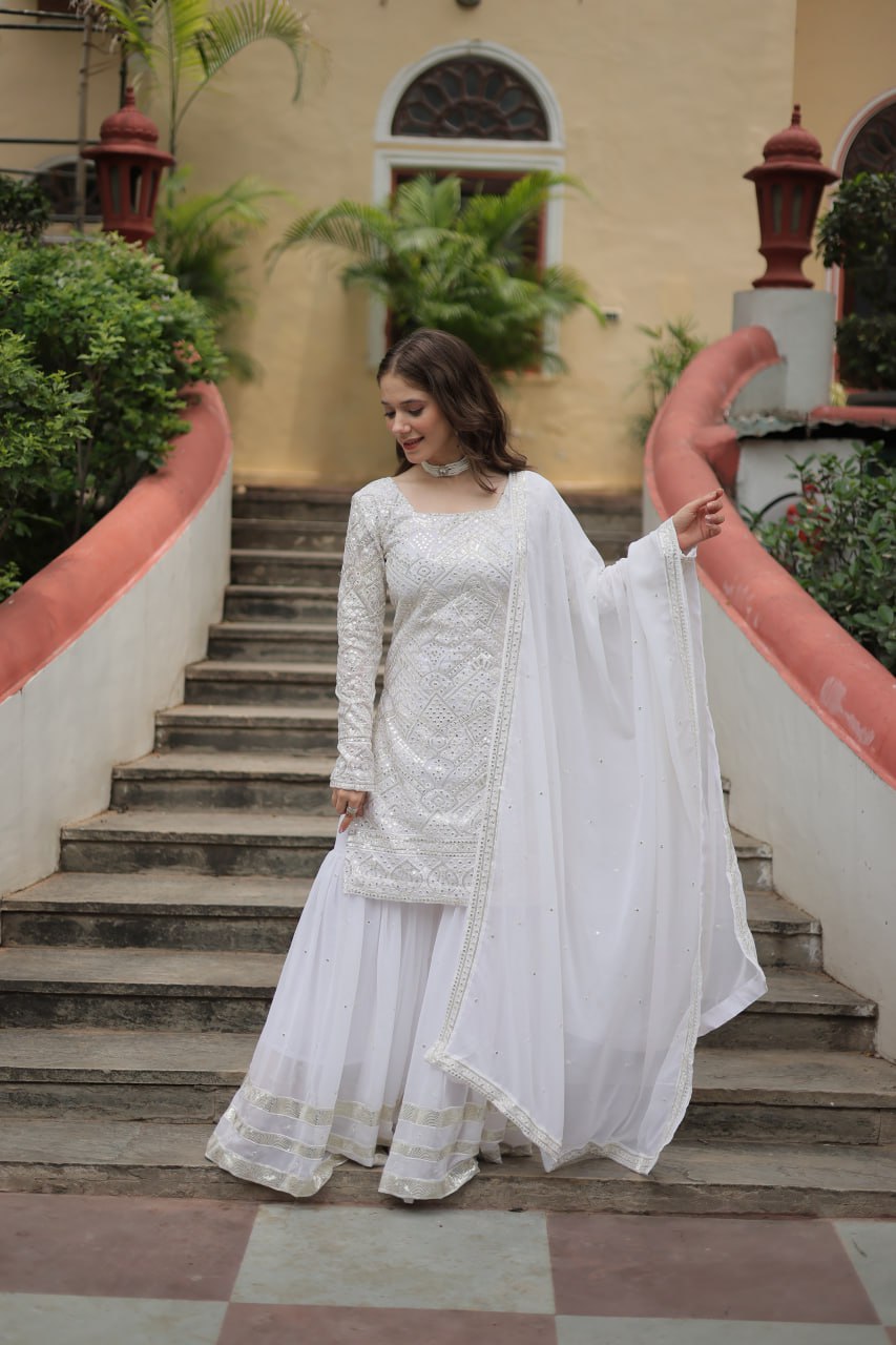 White Premium Designer Readymade Sharara Suit with Dupatta - Elegant & Stylish Clothsvilla