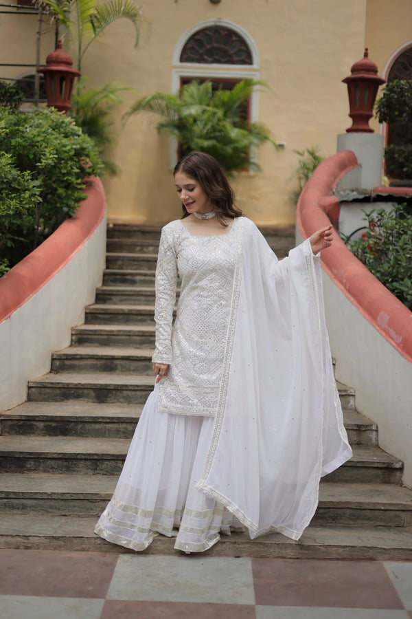 White Premium Designer Readymade Sharara Suit with Dupatta - Elegant & Stylish Clothsvilla