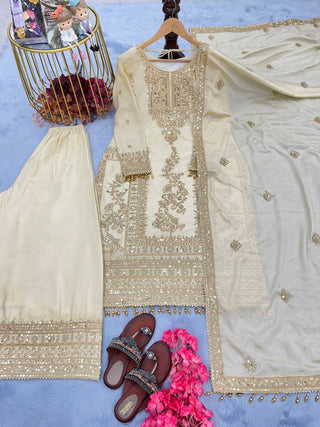 White Premium Designer Readymade Top, Palazzo & Dupatta Set –Party Wear ClothsVilla