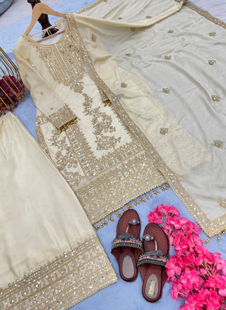 White Premium Designer Readymade Top, Palazzo & Dupatta Set –Party Wear ClothsVilla
