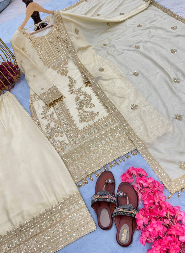 White Premium Designer Readymade Top, Palazzo & Dupatta Set –Party Wear ClothsVilla