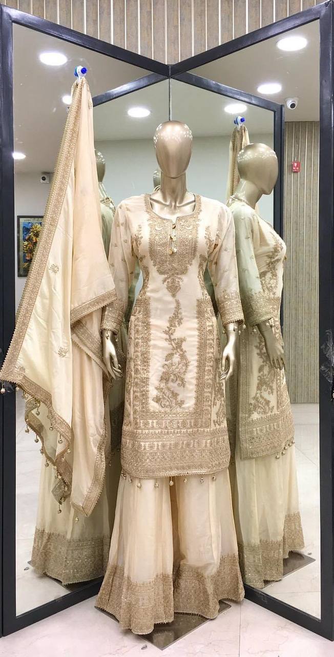 White Premium Designer Readymade Top, Palazzo & Dupatta Set –Party Wear ClothsVilla