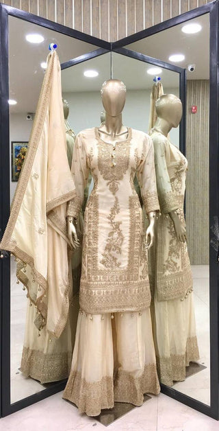 White Premium Designer Readymade Top, Palazzo & Dupatta Set –Party Wear ClothsVilla