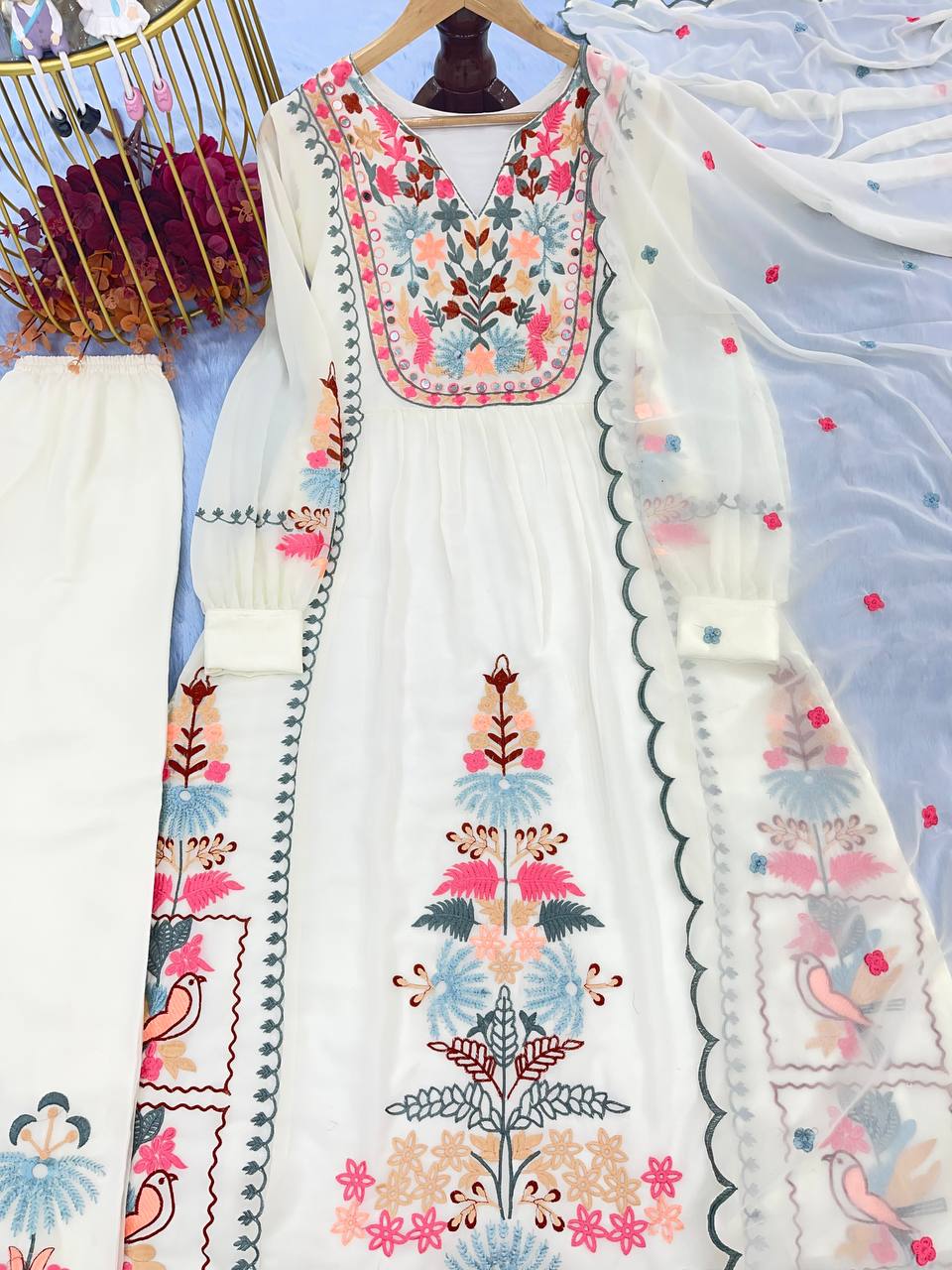 White Premium Designer Readymade Top, Palazzo & Dupatta Set ClothsVilla Main image