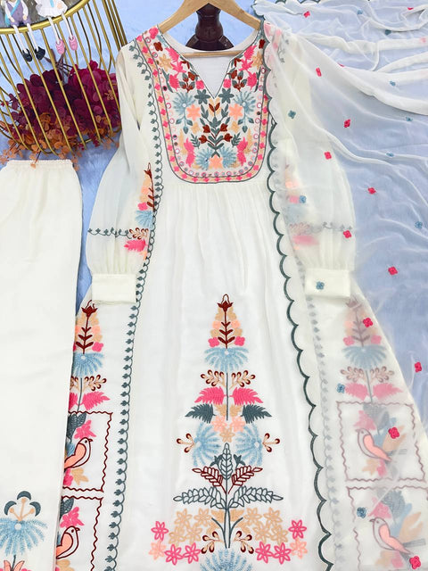 White Premium Designer Readymade Top, Palazzo & Dupatta Set ClothsVilla Main image