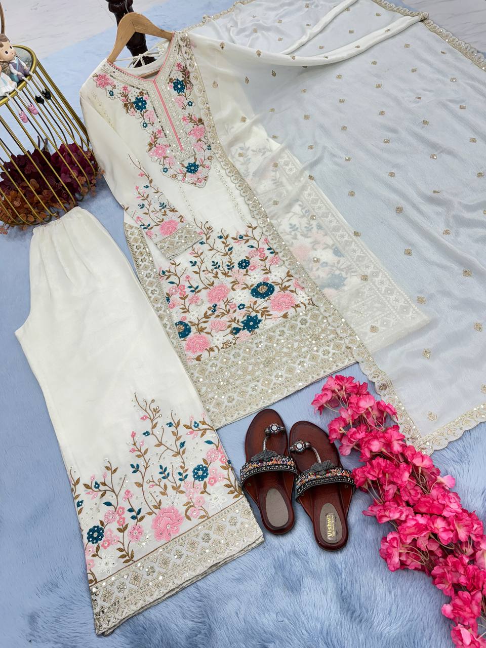 White Premium Designer Readymade Top Plazzo Set with Dupatta Clothsvilla