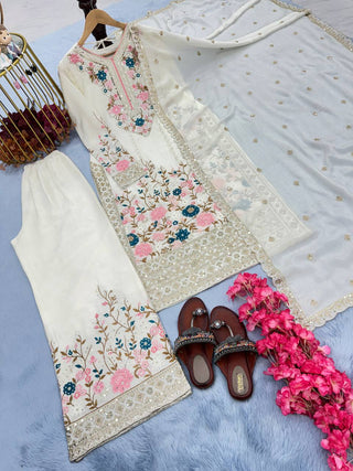 White Premium Designer Readymade Top Plazzo Set with Dupatta Clothsvilla