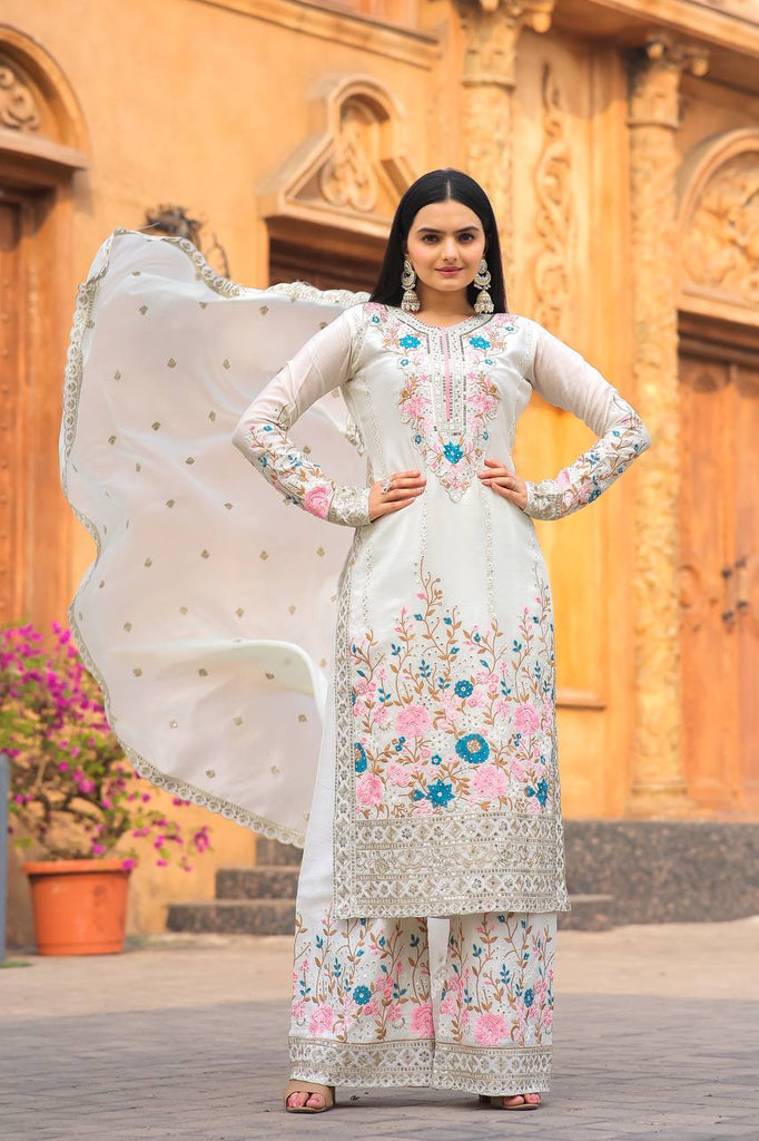 White Premium Designer Readymade Top Plazzo Set with Dupatta Clothsvilla