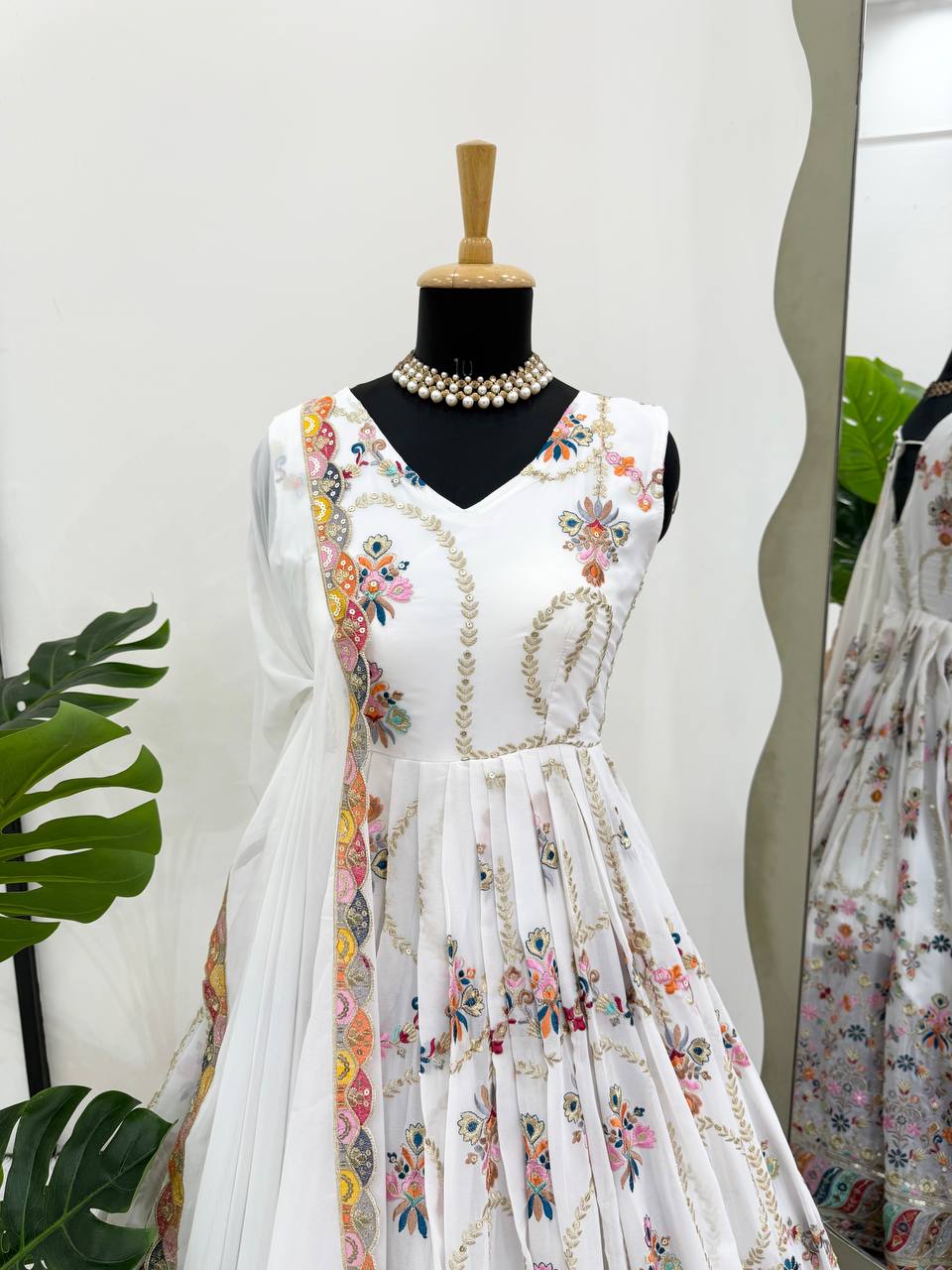 White Premium Faux Georgette Anarkali Gown with Dupatta ClothsVilla