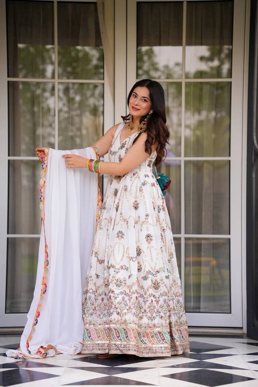 White Premium Faux Georgette Anarkali Gown with Dupatta ClothsVilla
