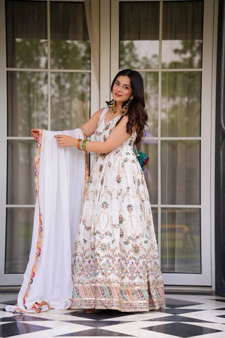 White Premium Faux Georgette Anarkali Gown with Dupatta ClothsVilla