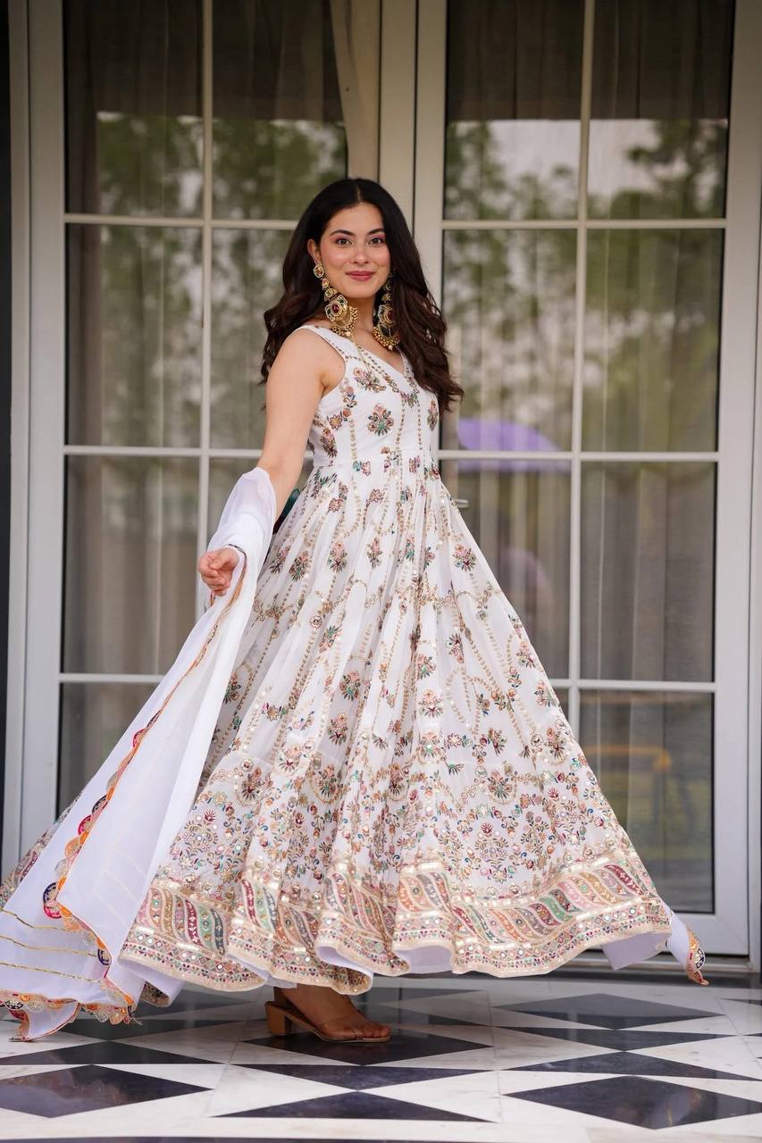 White Premium Faux Georgette Anarkali Gown with Dupatta ClothsVilla