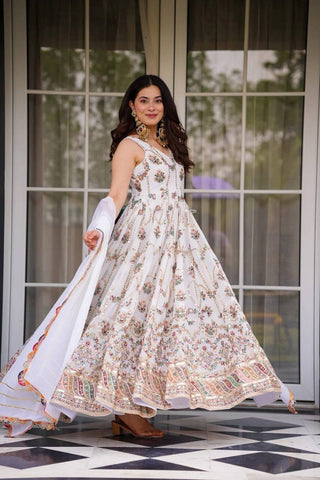 White Premium Faux Georgette Anarkali Gown with Dupatta ClothsVilla