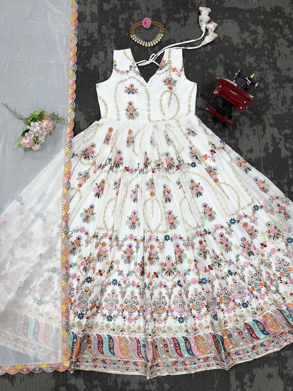 White Premium Faux Georgette Anarkali Gown with Dupatta ClothsVilla
