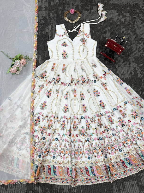 White Premium Faux Georgette Anarkali Gown with Dupatta ClothsVilla