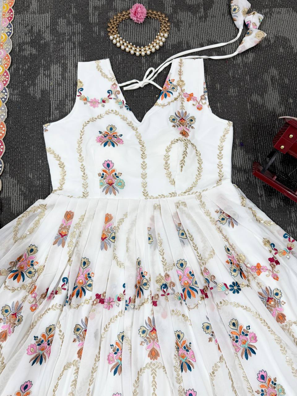 White Premium Faux Georgette Anarkali Gown with Dupatta ClothsVilla