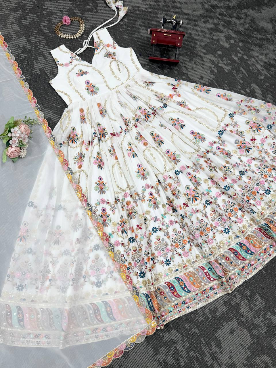 White Premium Faux Georgette Anarkali Gown with Dupatta ClothsVilla
